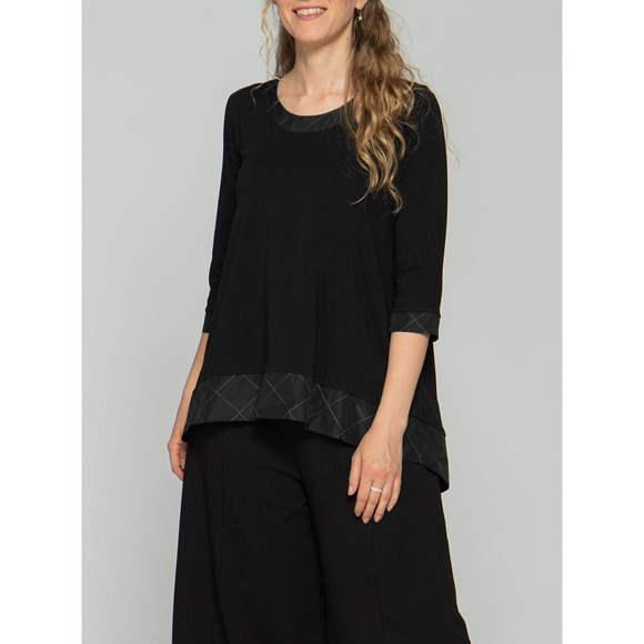 Luukaa Women's Hi-Low Black Tunic Top Size 12 White Stitch Cotton Flowy Chic NWT - Picture 2 of 5